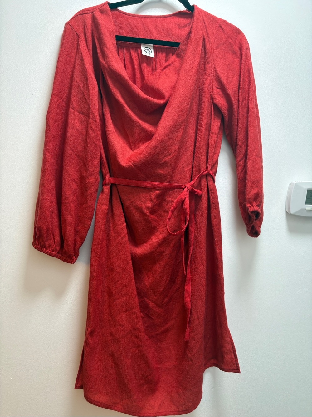 Red Long-Sleeve Wrap Dress with Waist Tie | S | Basic Minimalist